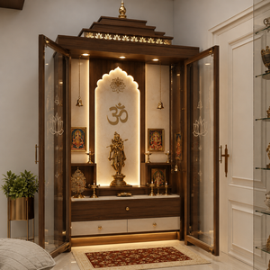 Mandir de Luxe en Bois et Verre Fait Main pour Salon, Temple Traditionnel de Designer pour Diwali avec Éclairage LED et Rangement - Product Image 2