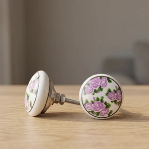 Round Porcelain Cabinet <b>Knob</b> with Purple Rose Design for Kitchen and Furniture - Product Image 3