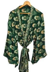 Festival Soft Ankle Length Silk Robe Multi Color Robe Night Wear Robe Indian Vintage Recycled Silk Sari <b>Kimono</b>, - Product Image 1
