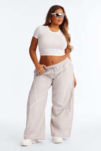 Private Label Unisex Stone Wide Leg Parachute <b>Trousers</b> Contrast Seam <b>Drawstring</b> Nylon Streetwear Pants OEM men's pants - Product Image 5