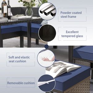 Set di mobili da esterno da giardino in 7 pezzi da tavolo in vetro impermeabile salvaspazio cuscini per sedili blu scuro per terrazze giardini - Product Image 4