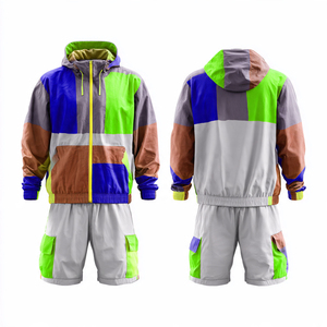 Ensemble de survêtement unisexe imperméable color block, coupe-vent léger à manches longues, style streetwear, avec short et veste de pluie à poches latérales - Product Image 4