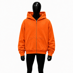 Sweat à capuche zippé orange pour homme, coupe oversize premium, style streetwear, motif à petits pois, en polaire, décontracté, mode hiver - Product Image 1