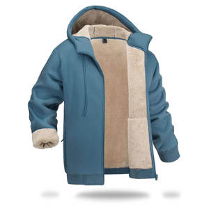 Men's Hooded Zip-Up <b>Fleece</b> <b>Jacket</b> Solid Color Casual Winter Wear Windproof Regular Fit Blue - Product Image 1