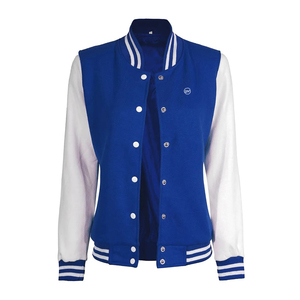 Veste universitaire bleue avec manches et rayures blanches, col montant, simple boutonnage, style preppy, pour l'automne - Product Image 1