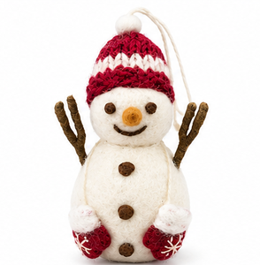 El Mejor Adorno de Muñeco de Nieve de Fieltro de Lana Hecho a Mano del Himalaya, Ecológico, Certificado de Comercio Justo, Sombrero Rojo y Blanco, Botones Marrones, Decoración Navideña para Interiores - Product Image 1