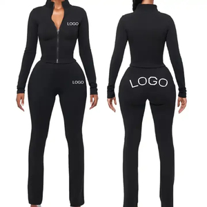 Women's <b>Black</b> 2 Piece Sporty Set Full Sleeve <b>Turtleneck</b> Zipper Top With Leggings Solid Color Knitted Women's Set's 2026 - Product Image 1