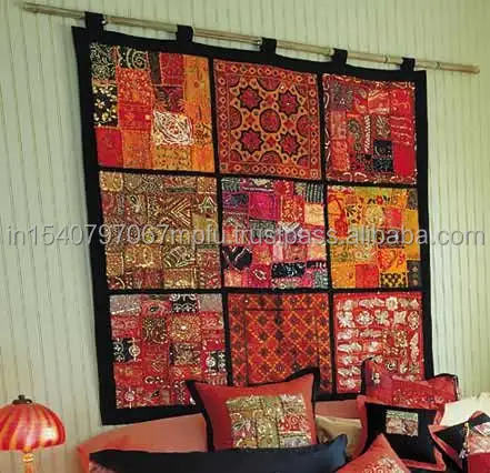 Indian Vintage Embroidered Patchwork Wall Hanging Large Tapestry Handmade Bohemian Art Decor Embroidery Curtain