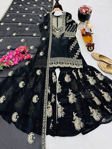 New Designer Party <b>Top</b> Palazzo Dupatta Set with satin work embossed designs - Product Image 5