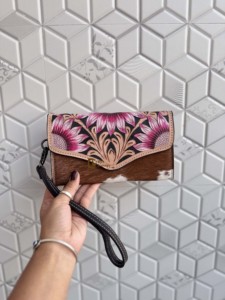 New Arrival Hand <b>Tooled</b> Carving Clutch Stylish <b>Leather</b> Pink Sun Flower Wallet Hair On Hide Multi Uses Western <b>Leather</b> Wallets - Product Image 1