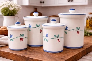 <b>Decorative</b> Ceramic Canister Set Wooden <b>Lid</b> Botanical Print Airtight Kitchen Storage Jars Elegant Counter Organizer - Product Image 5