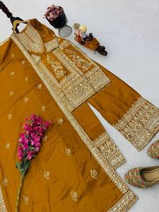 <b>Women</b> Indian Pakistani Traditional Embroidered Ankle-Length Cotton <b>Kurta</b> Set Loose Fit Wedding Wear Gold White Pattern - Product Image 5