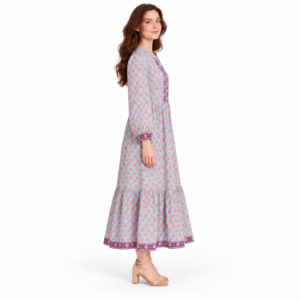 Vestido midi bohemio con estampado floral para mujer, manga larga tipo linterna, cuello redondo, corte en A, vestido informal - Product Image 3