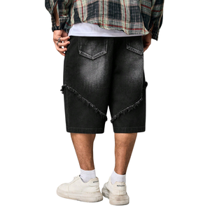 Mens <b>Black</b> Denim Bermuda <b>Shorts</b> Loose Fit Casual Streetwear Knee Length <b>Shorts</b> Distressed Frayed Panel Design Washed Fashion - Product Image 2