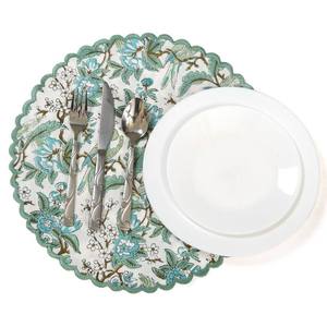 Elegant Handmade High Quality <b>Round</b> Fabric <b>Placemat</b> With Floral Pattern Scalloped Edge Oriental Design Reusable Table Mat - Product Image 1