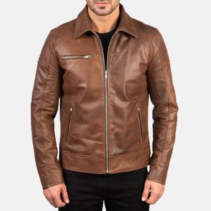 Veste moto en cuir véritable marron pour homme, col rabattu, fermeture éclair, coupe classique, style automne - Product Image 2