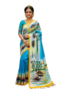 Sari traditionnel indien, pakistanais, bangladais pour femmes, en soie pure de Bishnupuri, imprimé à la main - Product Image 1