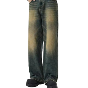 Men's Stonewashed <b>Denim</b> Wide Leg Pants Elastic Waist Casual Style Cotton <b>Material</b> Midweight Autumn Fashion - Product Image 1