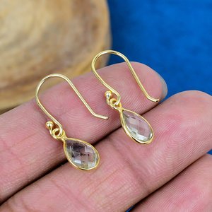 Natural <b>Green</b> Amethyst Pear Shaped Gemstone Teardrop <b>Earring</b> Handmade 18k Micron Gold Over 925 Sterling Silver - Product Image 4