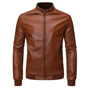 <b>Men's</b> Genuine <b>Leather</b> Slim Eco-Friendly Cotton Filled Moto Biker <b>Jacket</b> Mandarin Collar Waterproof Zipper Closure Winter - Product Image 4
