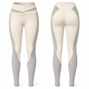 Leggings de yoga de cintura alta de spandex, largos, con bloques de color, costuras en contraste, paneles acanalados con recortes y elasticidad en cuatro direcciones. - Product Image 1