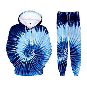 Ensemble de survêtement tie-dye bleu personnalisé, sweat-shirt à capuche et pantalon de jogging assortis, streetwear décontracté, ensemble sportswear deux pièces - Product Image 1