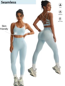 Women Two Piece Activewear Suit Fine Ribbed Scoop Neck Gym Blouse and Compressive Tummy Control Ruched <b>Booty</b> Tights Sportswear - Product Image 6