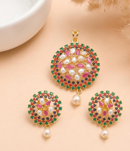 RAY FINE ORNATES <b>Ruby</b> Emerald Pearl IGI Certified Pendant <b>Necklace</b> Earrings Set 22K Gold Plated Trendy Bridal Jewelry Indian - Product Image 1