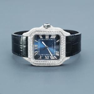 Reloj de Hombre de Plata de Ley 925 Maciza con Baño de Platino, Totalmente Adornado con Diamantes de Moissanita, Correa de Cuero, Movimiento de Cuarzo, Joyería de Moda - Product Image 3