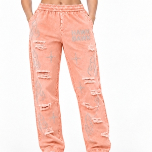 Pantalones Deportivos para Mujer con Corte Holgado, Cintura Elástica, Detalles Desgastados, Diseño de Longitud Completa, Moda Casual y Hechos a Medida - Product Image 1