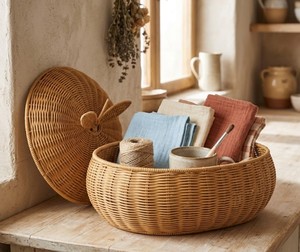 Natural Handwoven Rattan Apple <b>Basket</b> with Lid Decorative Wicker Fruit Storage Bowl for Kitchen, Dining <b>Table</b> & Home Decor - Product Image 5