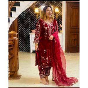 DESIGNER VELVET SEQUENCE EMBROIDERY WORK <b>TOP</b> BOTTOM WITH DUPATTA <b>MAROON</b> - Product Image 1