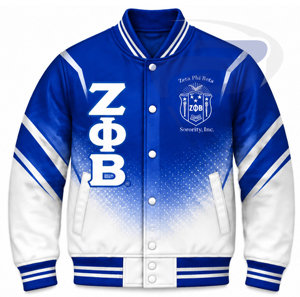 Veste universitaire en satin ombré pour femmes de la sororité Zeta Phi Beta, avec lettres grecques brodées, manches longues, col rabattu, veste en satin côtelé - Product Image 1