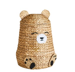 <b>Bear</b> Water Hyacinth Storage Basket with Lid Woven Animal Laundry Hamper <b>Cute</b> Teddy Nursery Toy Organizer Bin - Product Image 1