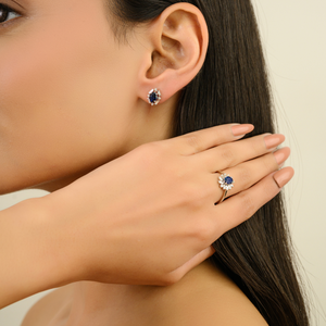 ต่างหูแบบติดหูทรงวงรีประดับไพลินสีน้ำเงินและเพชรทรงรัศมี ดีไซน์อาร์ตเดโค ทำจากทองคำขาวแท้ K14 สำหรับผู้หญิง เครื่องประดับขายส่งกำลังเป็นที่นิยม - Product Image 4