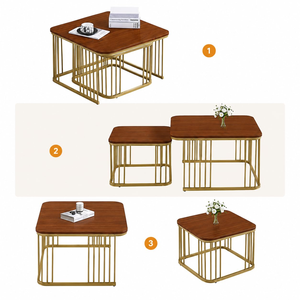 Table basse carrée moderne avec plateau en bois et structure en métal doré, table centrale contemporaine pour salon, table d'appoint, mobilier de maison - Product Image 3