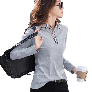 Camiseta de verano transpirable de manga larga de moda de gama alta para mujer para cuello a cuadros Casual hecho a medida tamaño 100% Jersey de algodón - Product Image 4