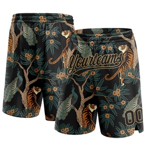 Custom Eco-Friendly Custom Black <b>Old</b> Gold 3D Pattern 3D Pattern Design Tiger And Peacock Authentic Basketball <b>Shorts</b> - Product Image 1