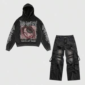 Ensemble deux pièces homme Y2K Grunge Streetwear : sweats à capuche graphiques vintage délavés et pantalons cargo usés, survêtement oversize en gros - Product Image 1