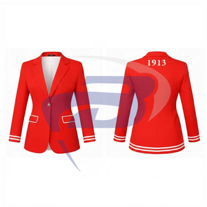 Delta |   Sigma |   Chaqueta Blazer Roja con Peplum Bordado de la Hermandad Theta, Estilo Varsity Elegante para Negocios - Product Image 3