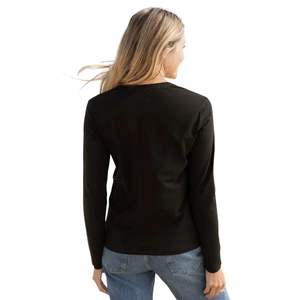 เสื้อยืดลำลองผู้หญิงแขนยาวสีดำ คอกลม ผ้าถัก ทรงปกติ สีพื้น - Product Image 4
