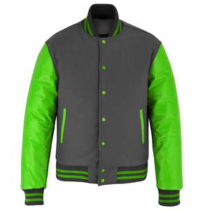 Chaqueta Varsity de PU Gris y Verde para Hombre, Corte Regular, Color Sólido, Cierre de Botones, Ropa Casual de Otoño - Product Image 1