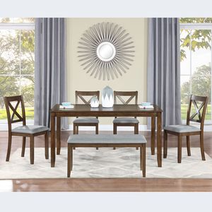 Set da Pranzo 6 Pezzi: Tavolo Rettangolare in Legno con 4 Sedie Imbottite e Panca per 6 Persone, Elegante Set per Sala da Pranzo - Product Image 2