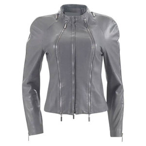 Chaqueta de Motocicleta de Cuero Vacuno para Mujer, Color Gris, Cuello Alto, Cierre de Cremallera, Manga Larga, Otoño, Invierno, Primavera - Product Image 1