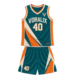 Ensemble d'uniformes de basketball personnalisés pour hommes, vert sarcelle, orange et crème, maillot sans manches à col en V, short, empiècements diagonaux, numéros d'équipe, kits en gros - Product Image 3