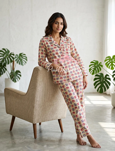 Premium 100% Cotton Digital Printed Elephant Motif Summer Knitted Night Suit Breathable High Quality Women's 2-Piece Pajamas Set - Product Image 3