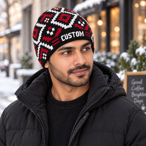 Wholesale 100% Acrylic Knit Beanie Unisex Black Red <b>White</b> Geometric Pattern Winter <b>Hat</b> Custom Logo Streetwear Cap B2B USA - Product Image 4