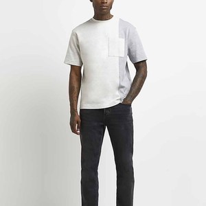 T-shirt pour homme gris et blanc à blocs de couleur avec impression de logo personnalisé, t-shirt à manches courtes pour homme - Product Image 3