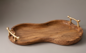 Tabla de servir artesanal de madera de mango con forma de riñón, bandeja decorativa con contorno esculpido y herrajes dorados - Product Image 3