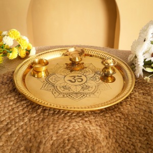 Premium Brass Pooja Thali Set with Diya Bell Kalash Traditional Design <b>Mandir</b> Puja Plate Religious Home Temple Decor Gift Item - Product Image 1